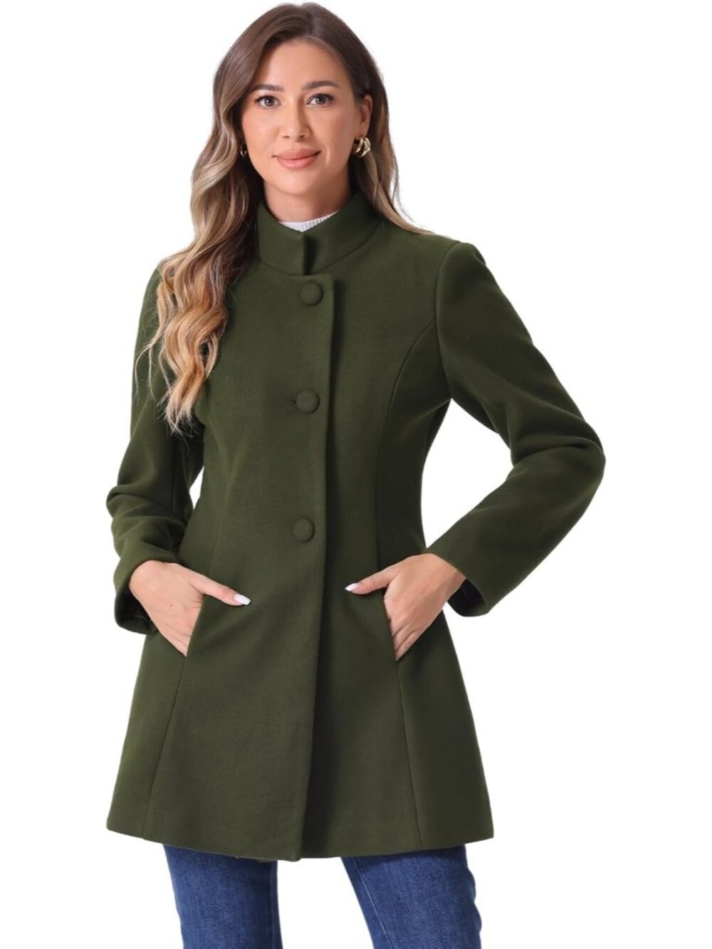 Women's Olive Green Mid-long Stand Collar Single Breasted Loose Fit Trench Coat